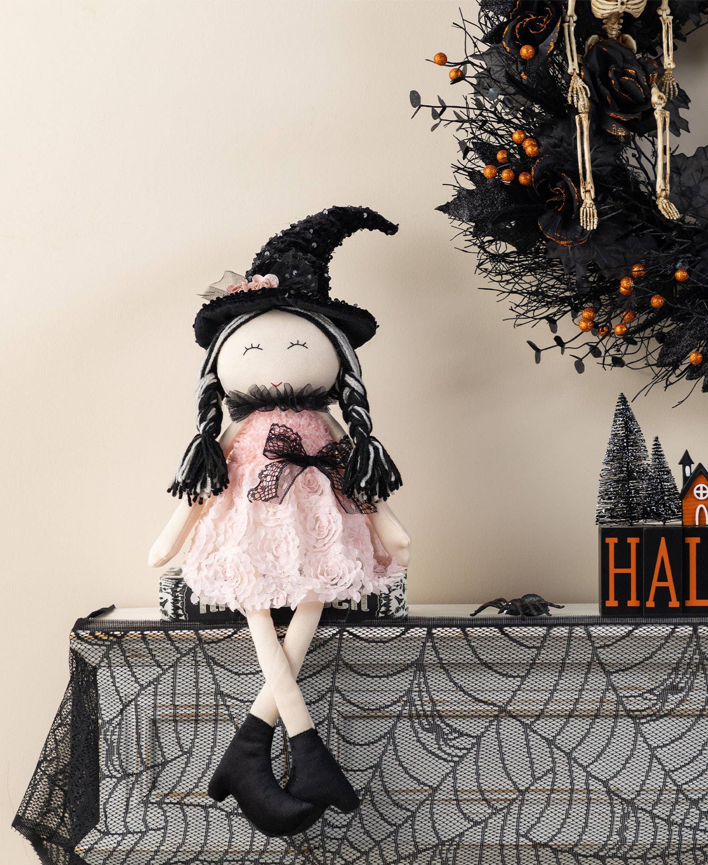29“H Halloween Pink Fabric Dressed Witch Sitter
