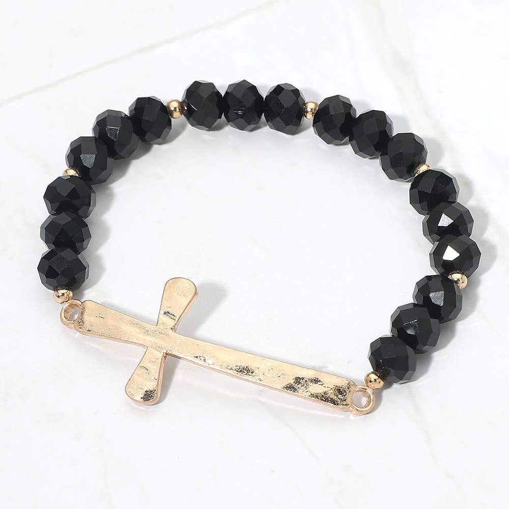 Brushed Hammered Metal Cross Accent Faceted Beaded Stretch Bracelet