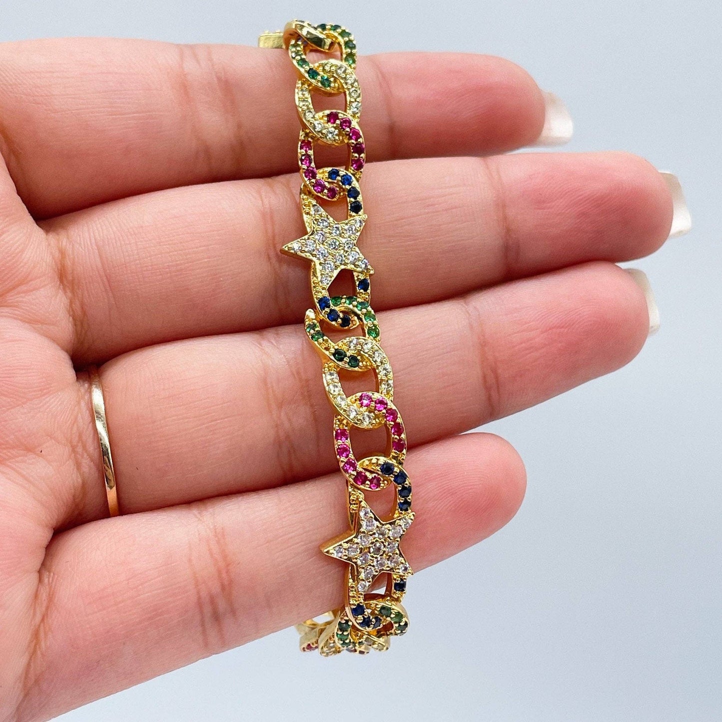 18k Gold Filled Colorful Zirconia Cuban Link Bracelet With Star Pattern