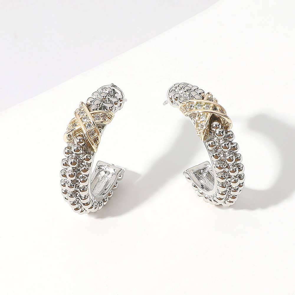 14K Gold Plated CZ Stone Paved Criss Cross Pointed Hoop Earr