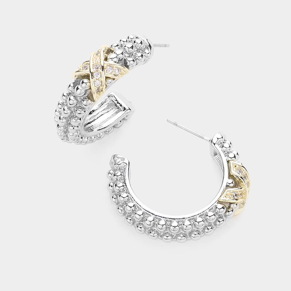 14K Gold Plated CZ Stone Paved Criss Cross Pointed Hoop Earr