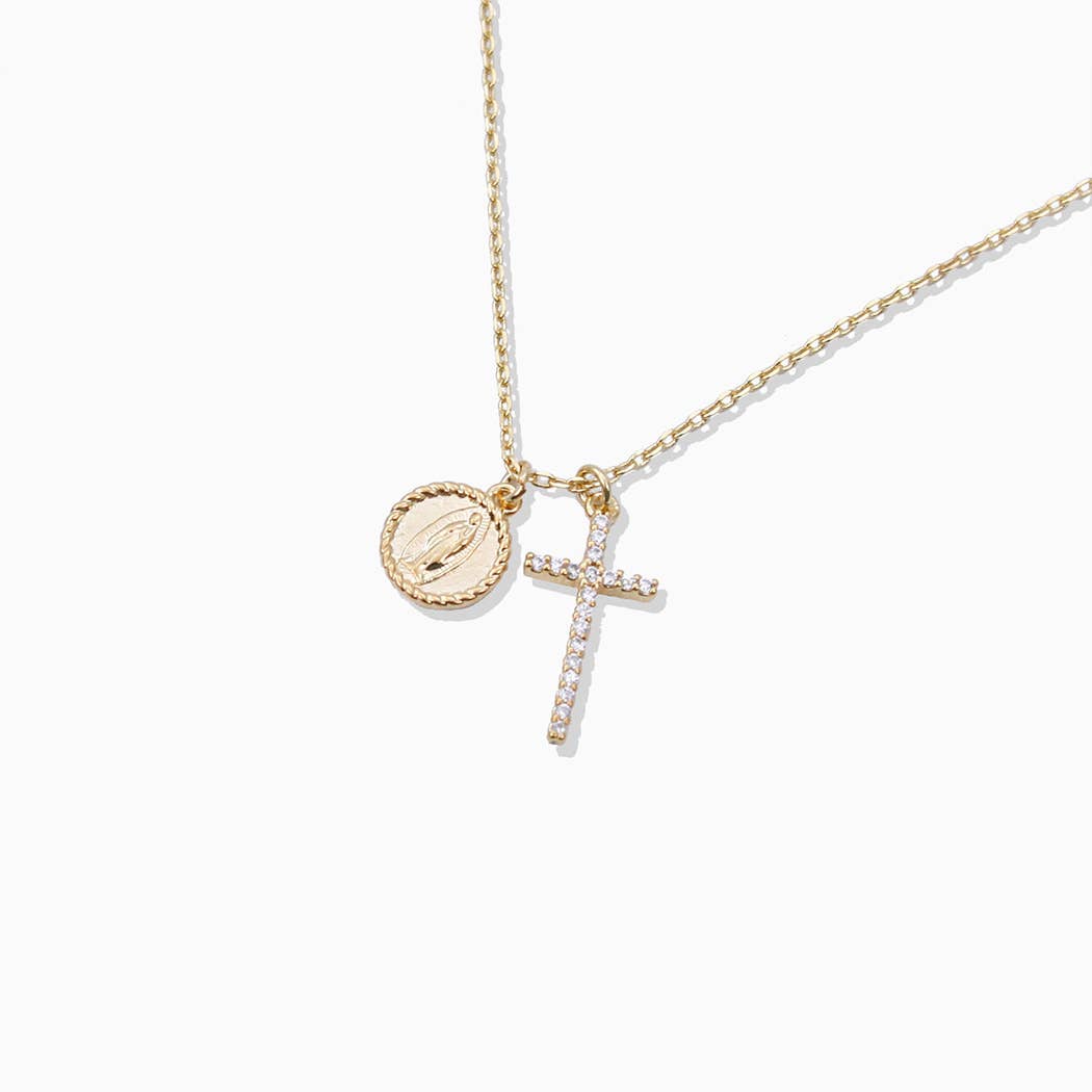 CZ Gold-Dipped Cross and Maria Pendant Necklace