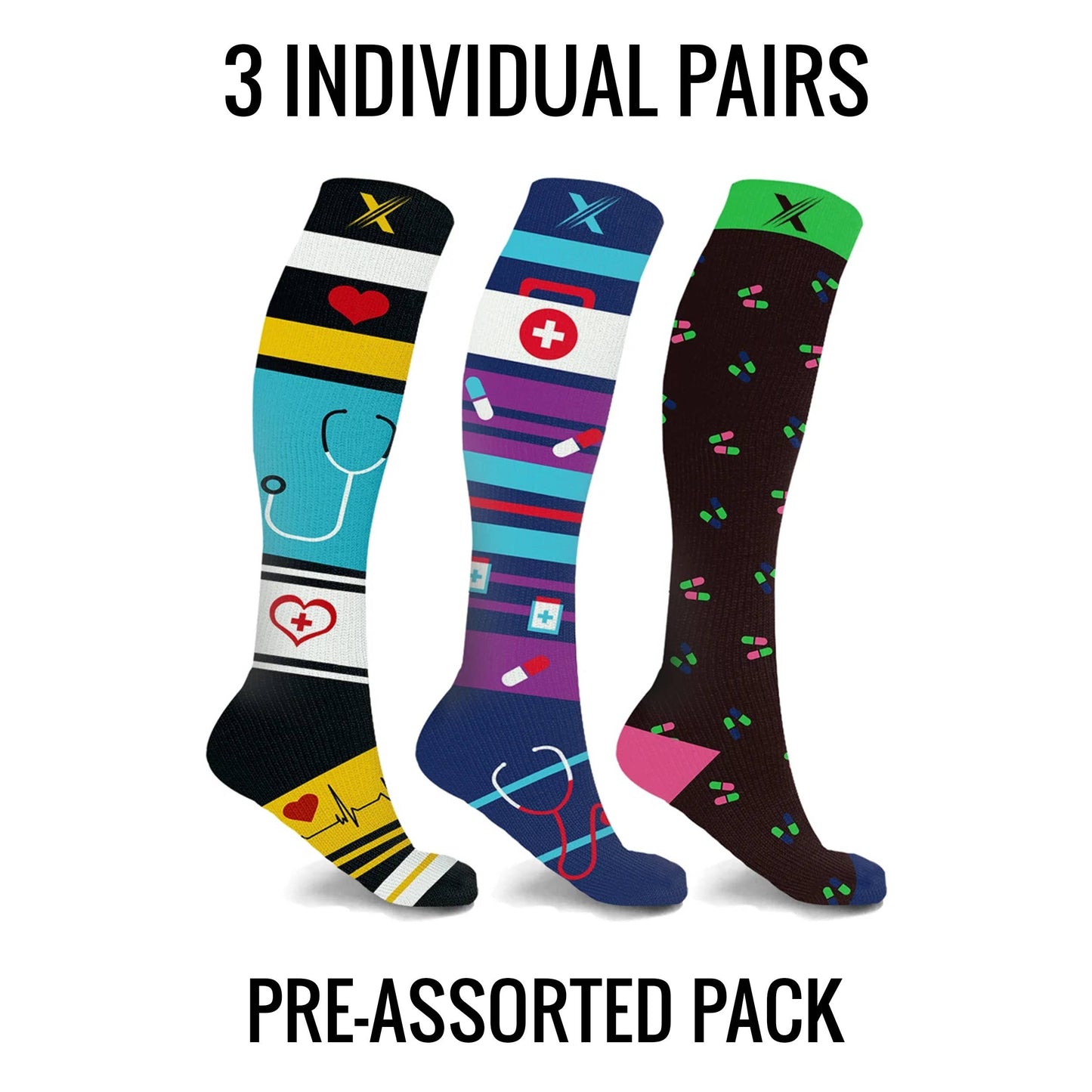 NURSE INSPIRED COMPRESSION SOCKS - 3 ASST STYLES