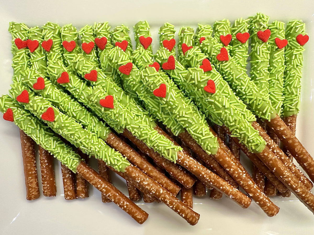 Holiday Green Sprinkle Chocolate Covered Pretzel Rods