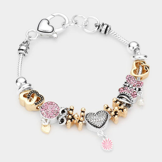 Metal Heart Rhinestone Butterfly Multi Bead Charm Bracelet