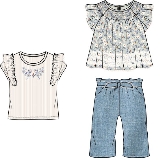 Girls 3 Piece Pant Set: Blue Floral
