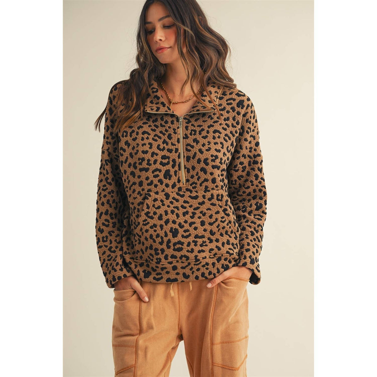 Leopard Loose Fit Zipper Pullover Top