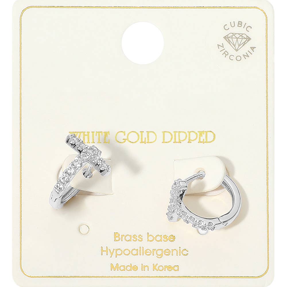 14K Gold Dipped CZ Stone Paved Cross Huggie Hoop Earrings