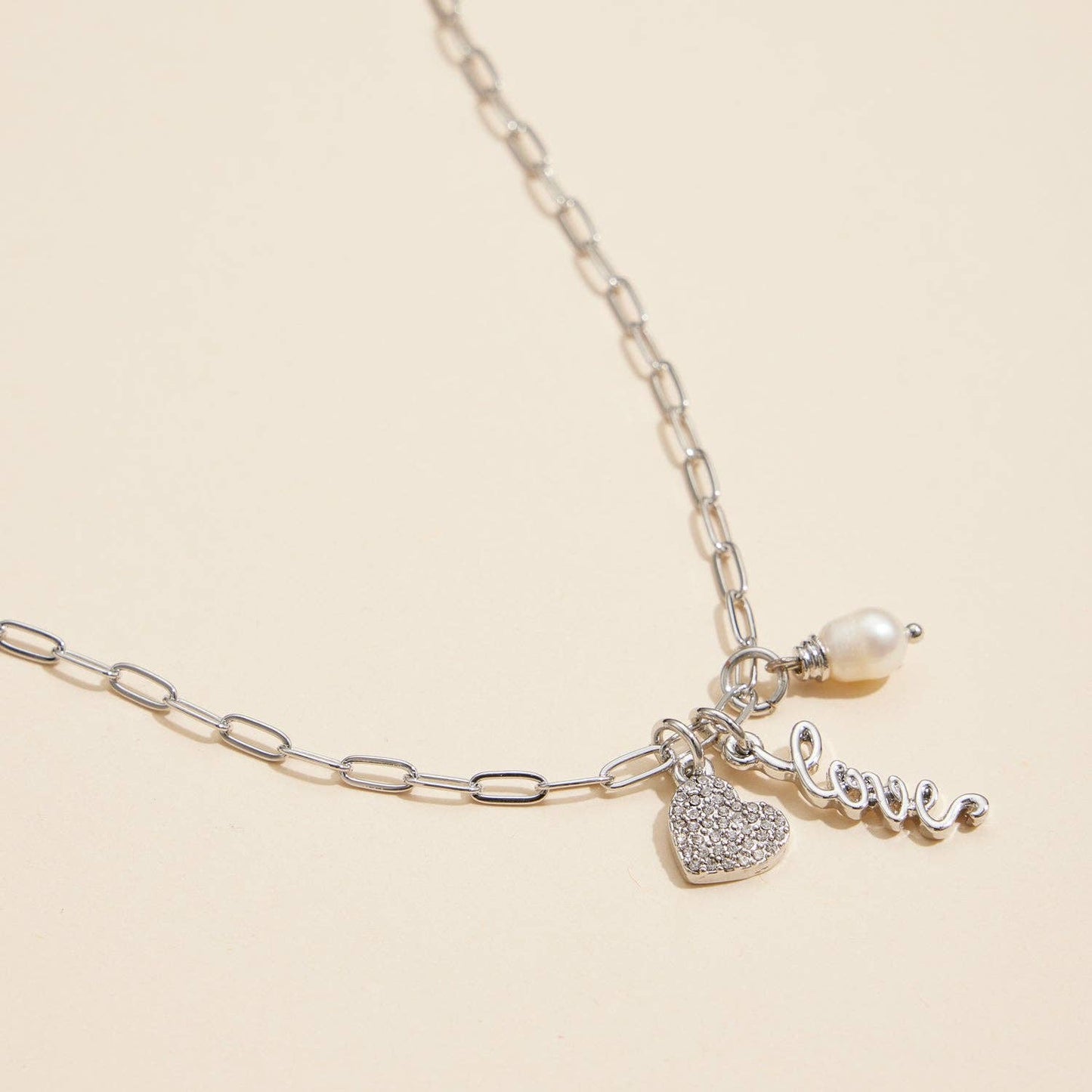 Gold Dipped Charming "Love" Pendant Necklace with Heart and Pearl Accents