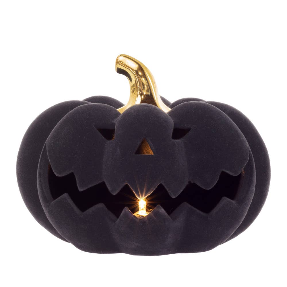 6.75" Dia Black Flocked Velvet Jack O Lantern LED Halloween
