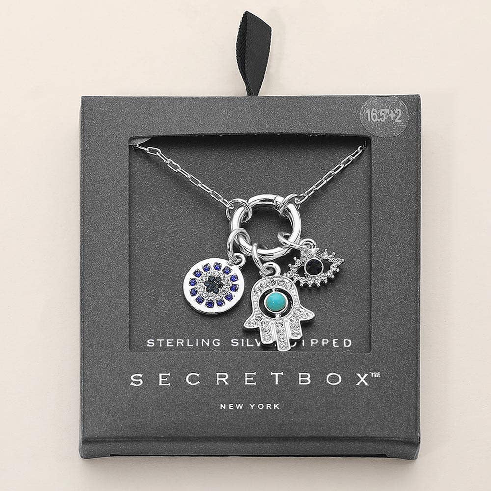 SECRET BOX_Hamsa Hand Evil Eye Round Charm Pendant Necklace