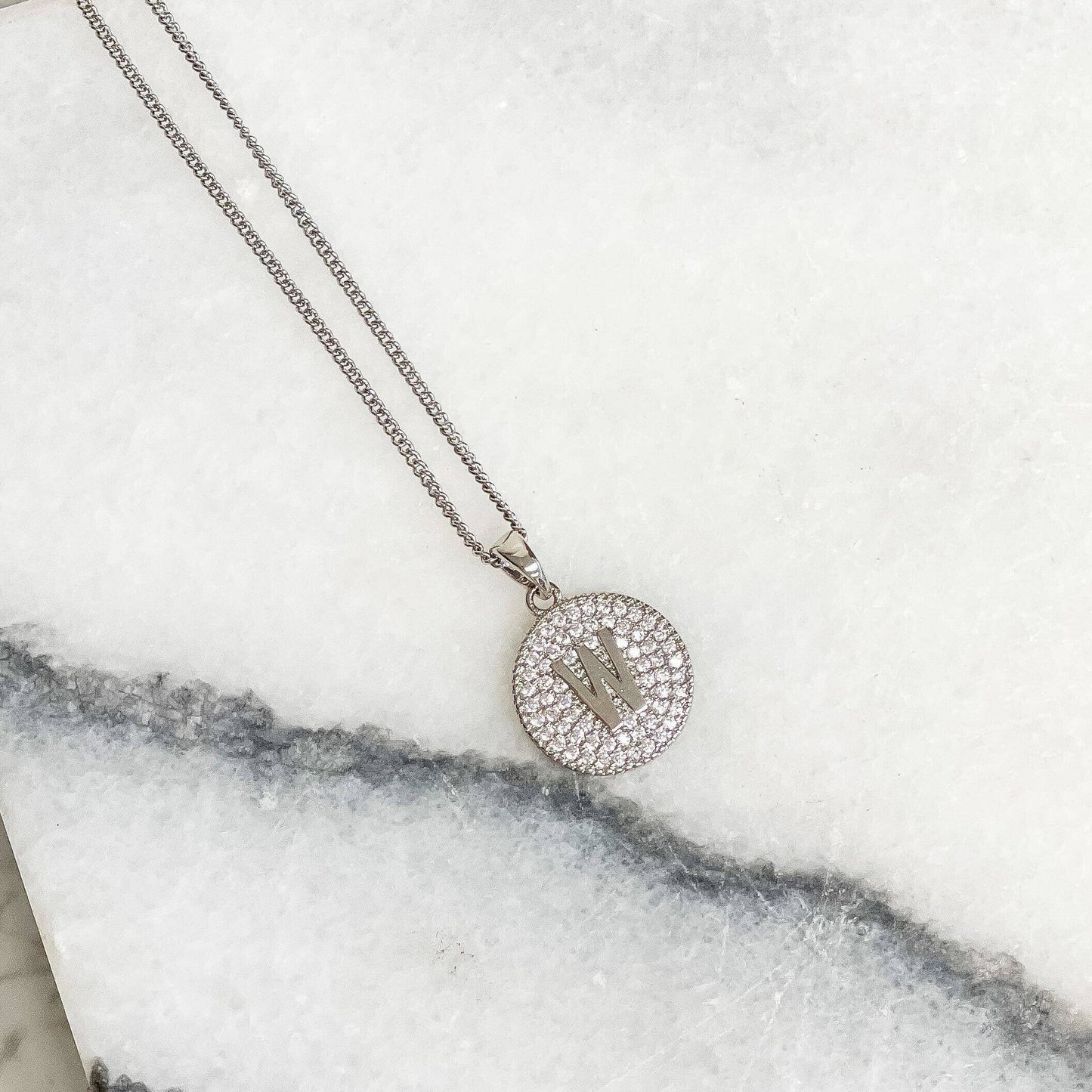 Cubic Zirconia Initial Disc Pendant Necklaces - White Gold