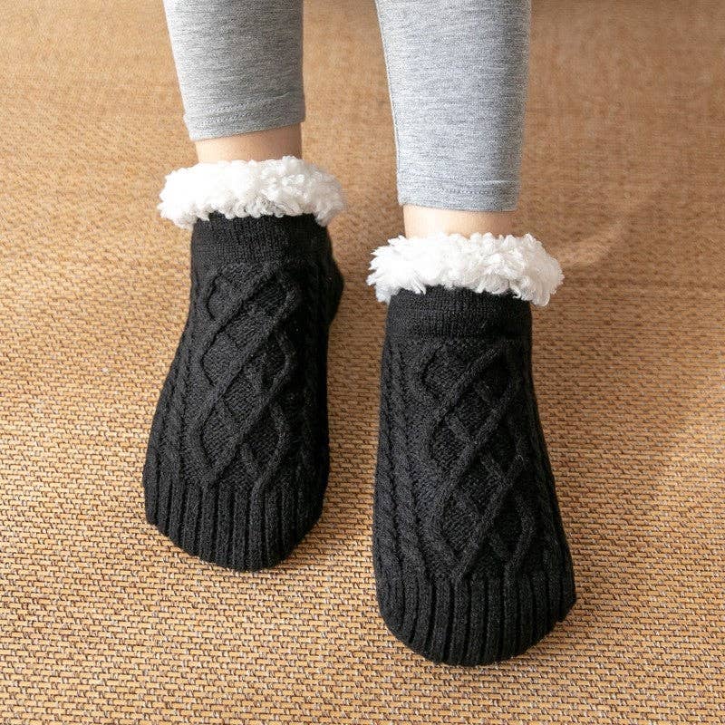 Adults Solid Color Knitted Fleece Lining Thick Warm Non-Slip Indoor Socks