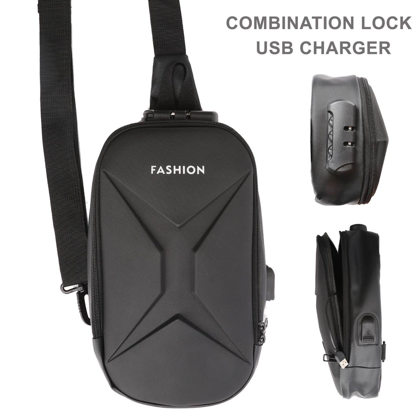 PU Leather Multi-Zippered Sling Bag with Adjustable Strap
