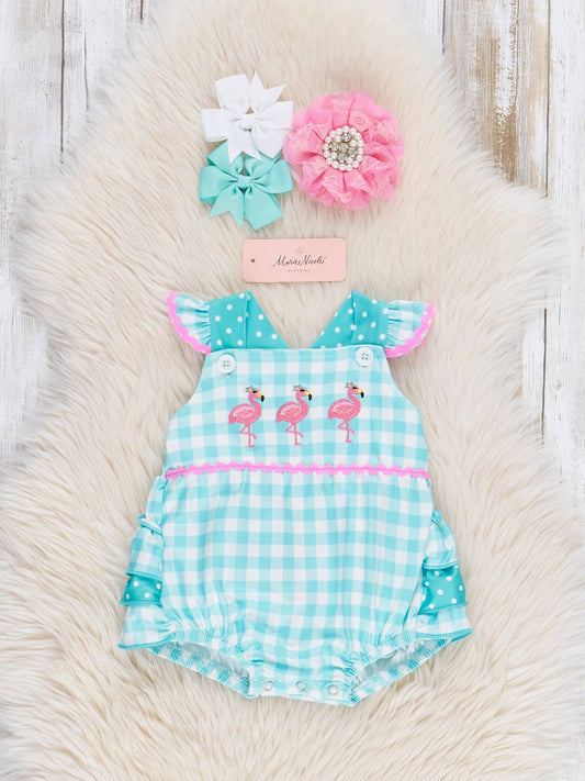 Gingham Embroidered Flamingo Party Ruffle Bubble
