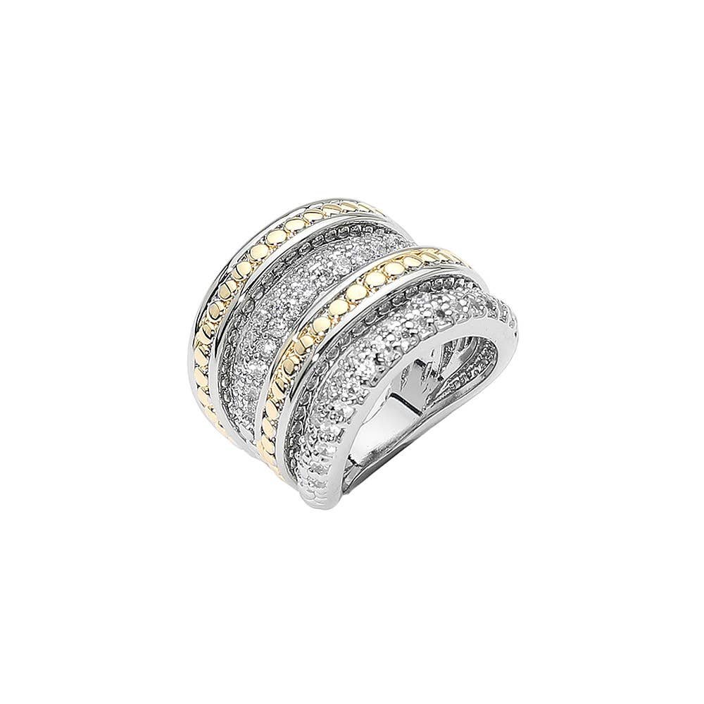 14k Gold Plated Two Tone CZ Pave Wide Band Ring