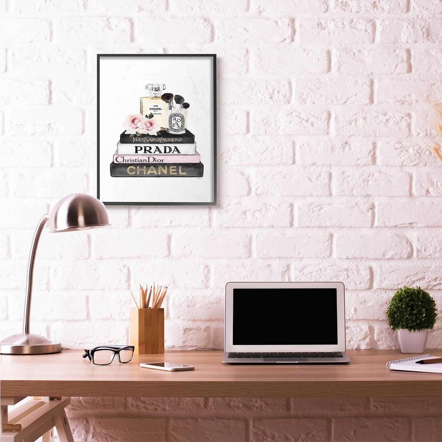 Fashion Designer Flower Bookstack Watercolor Framed Giclee