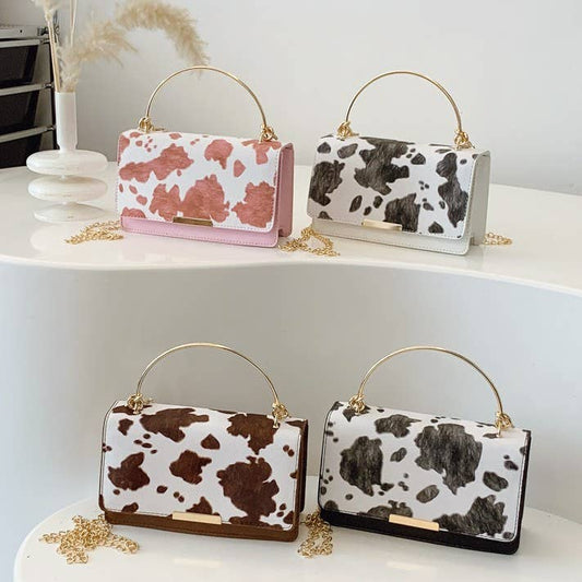 Western Cow Print Top Handle Chain Shoulder Bag