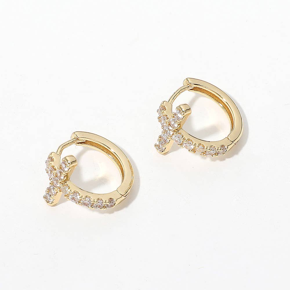 14K Gold Dipped CZ Stone Paved Cross Huggie Hoop Earrings