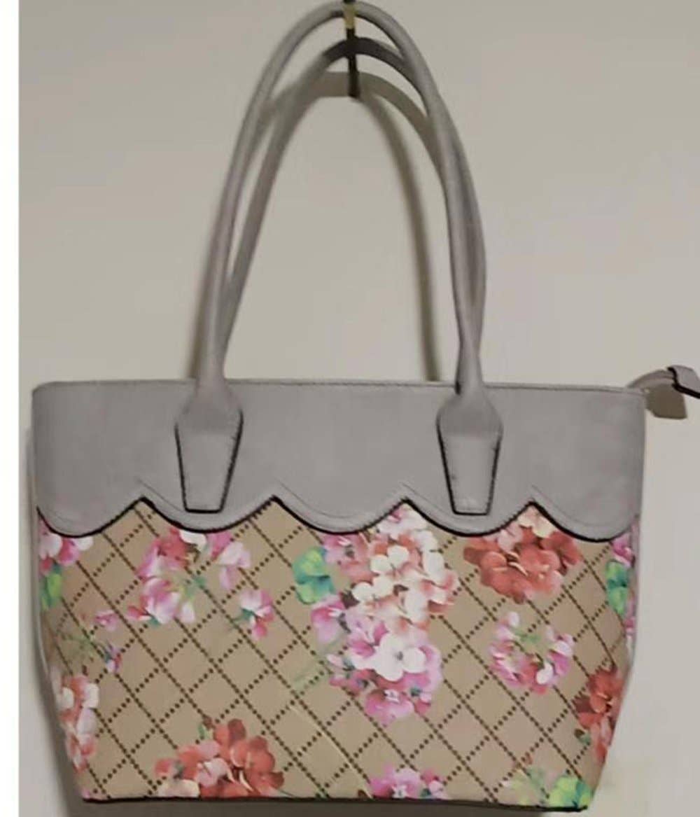7356 Floral Print Two Color Faux Leather Bag