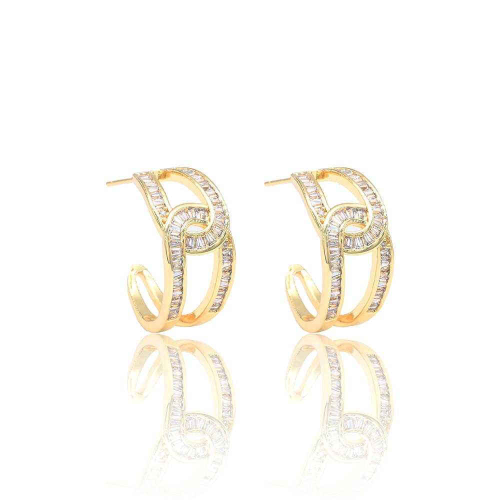 Gold Dipped CZ Baguette Stone Swirl Link Hoop Earrings