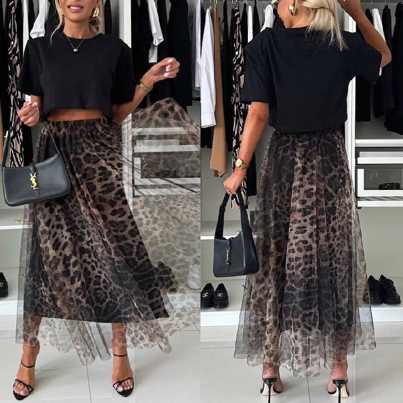 Women Fashion Mesh Leopard Print Chiffon Skirt