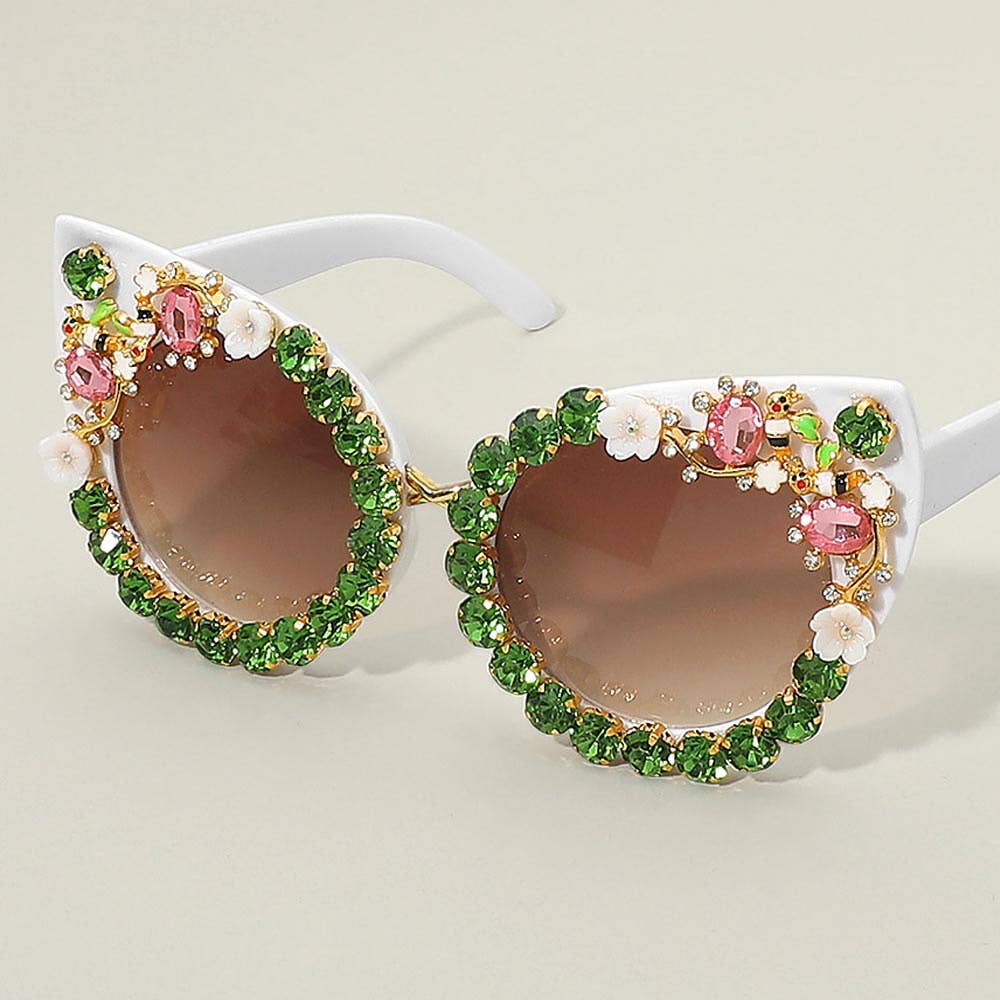 Floral Vine Stone Embellished Cat Eye Frame Fashion Sunglasses