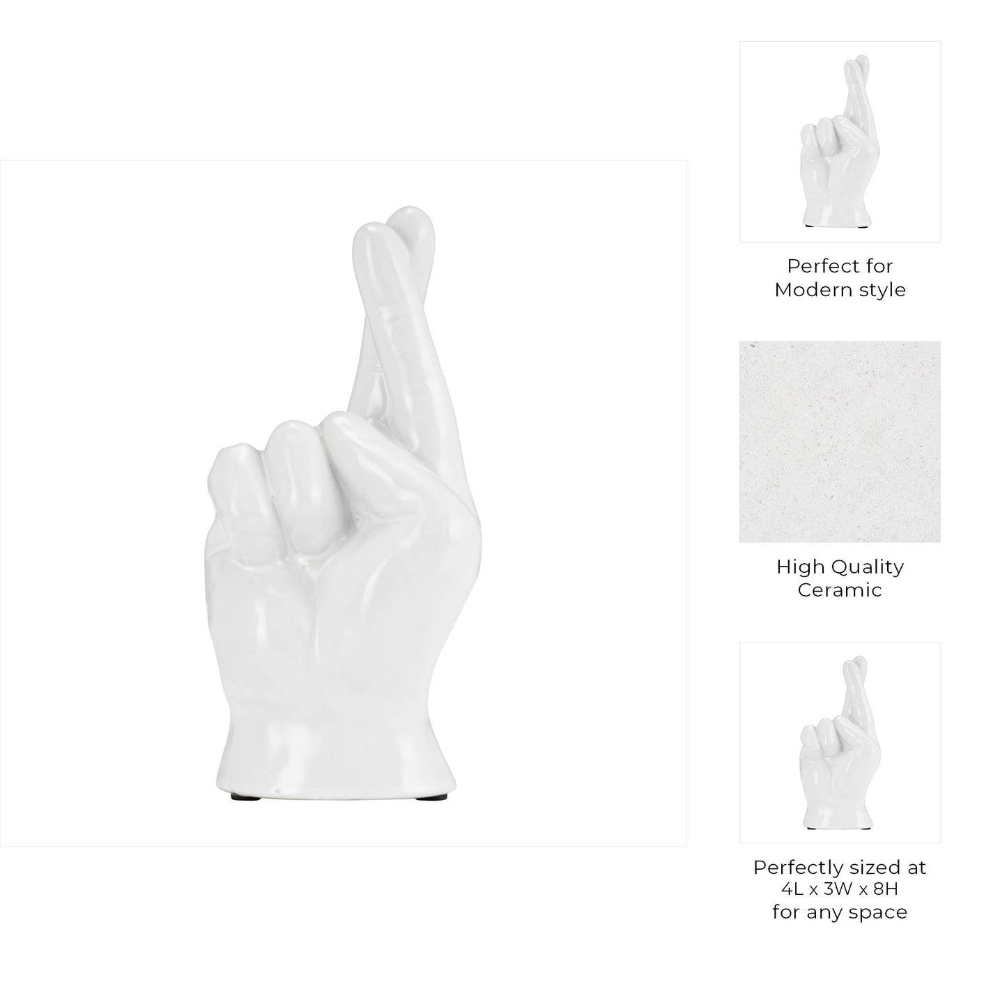 White 8 in. Ceramic Crossing Fingers Signal Hand Sculpture