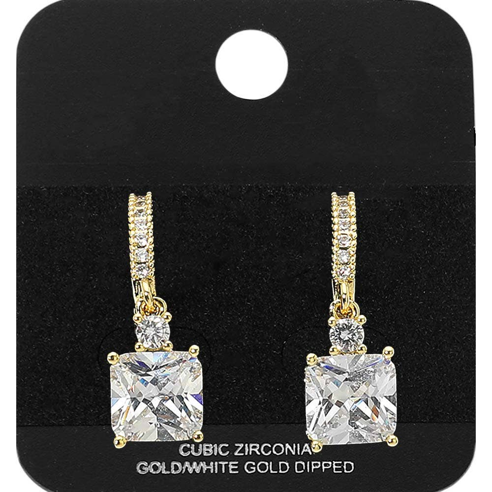 Gold Dipped Square CZ Drop Huggie Earrings