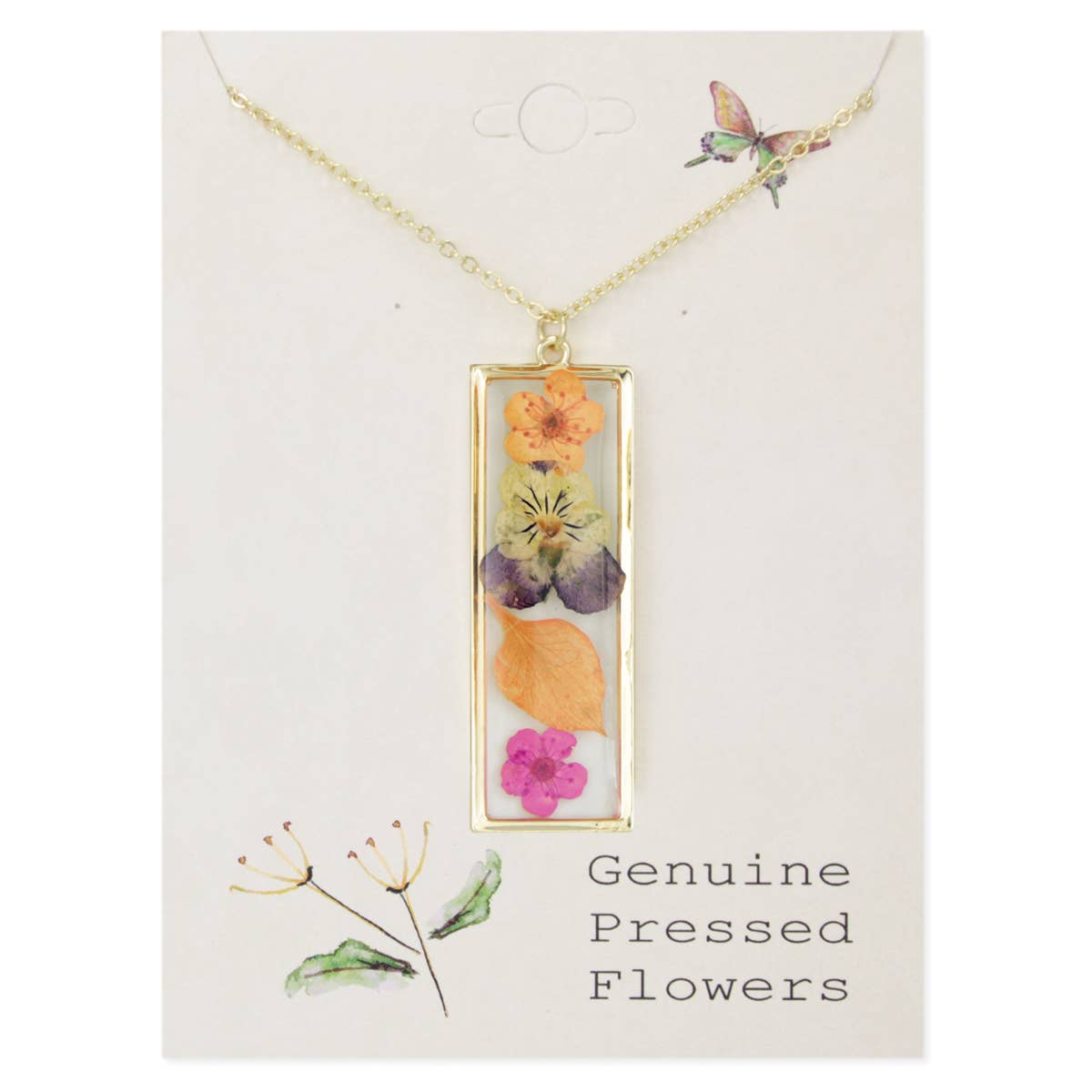 Multicolor Dried Flower Gold Bar Necklace