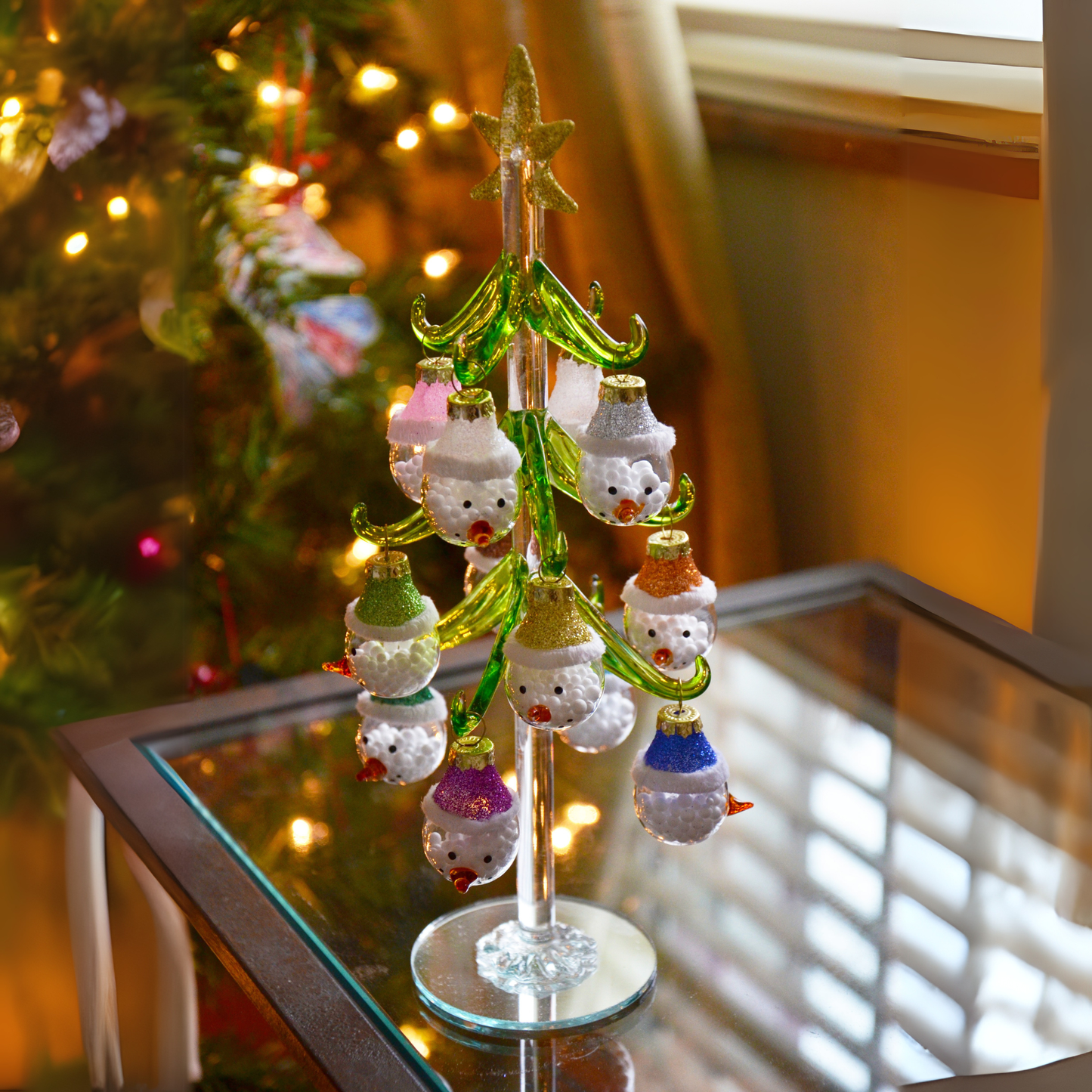 Mini Glass Christmas Tree w/ Snowman Ornaments