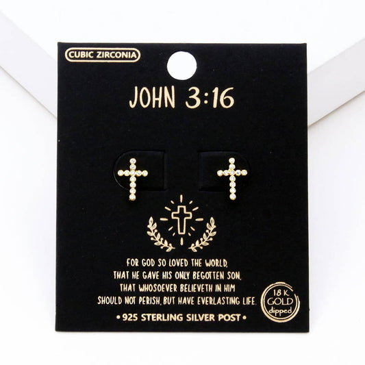 Gold Dipped cross CZ sterling silver post earring