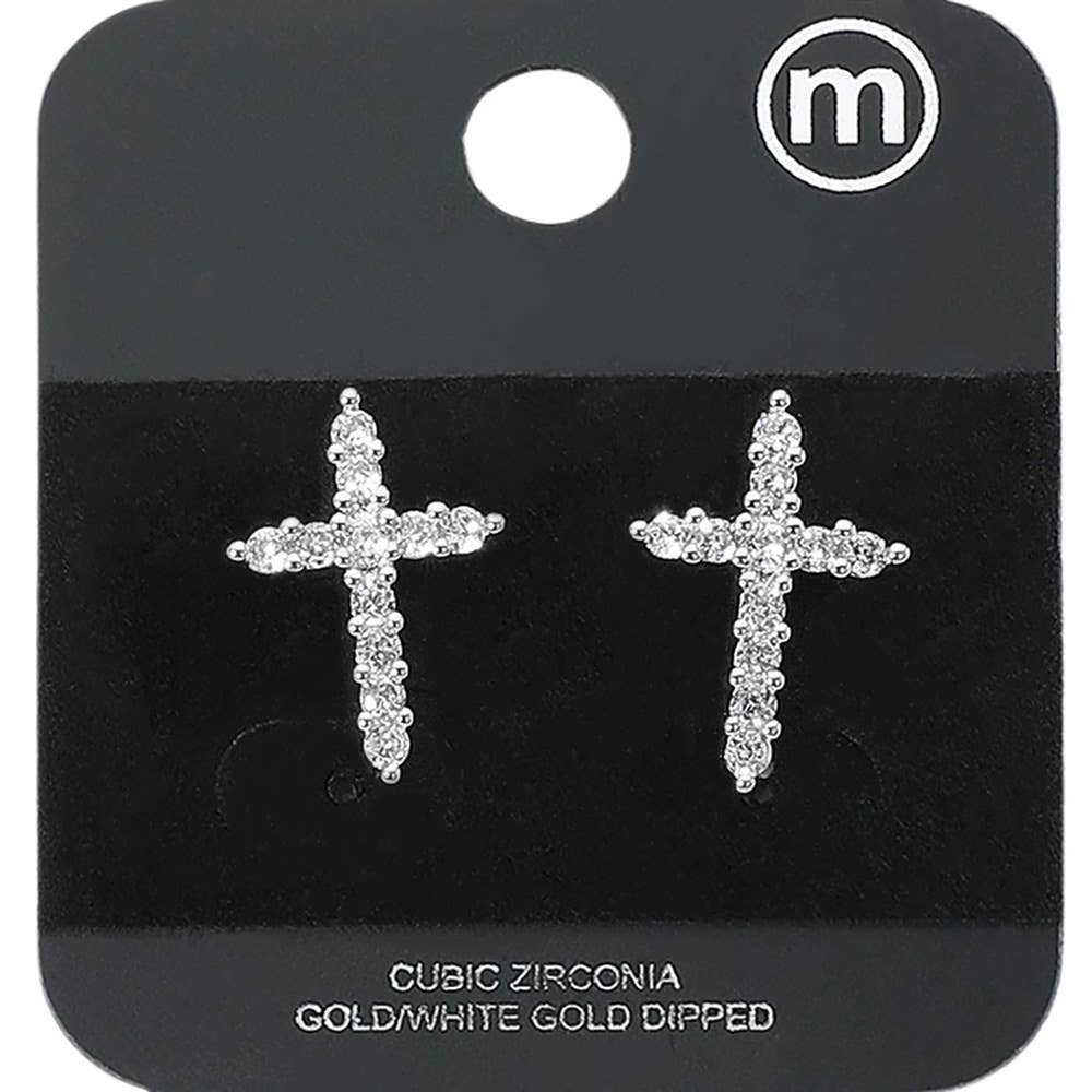 Gold Dipped Cross CZ Stone Stud Earrings