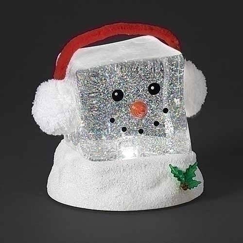 6.25"H Lighted Swirl Cube Head Snowman with Ear Muffs; Holly