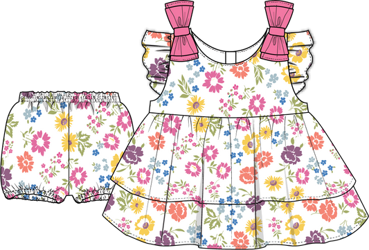Girls 2 Piece Poplin Tier Dress: Multi Floral