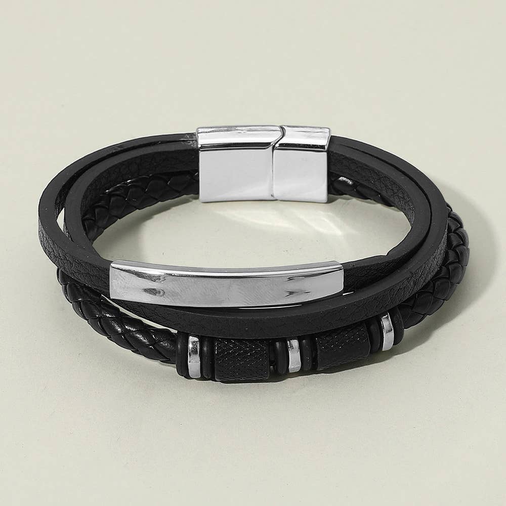 Mens Metal Accent Braided Smooth Genuine Leather Magnetic Bracelet