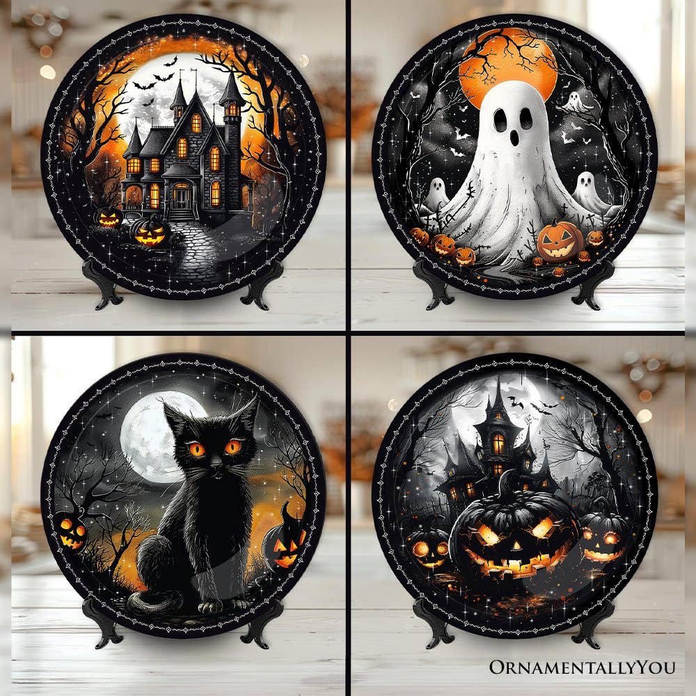 Haunted Night Set of 4 Plates, Black Halloween Tableware