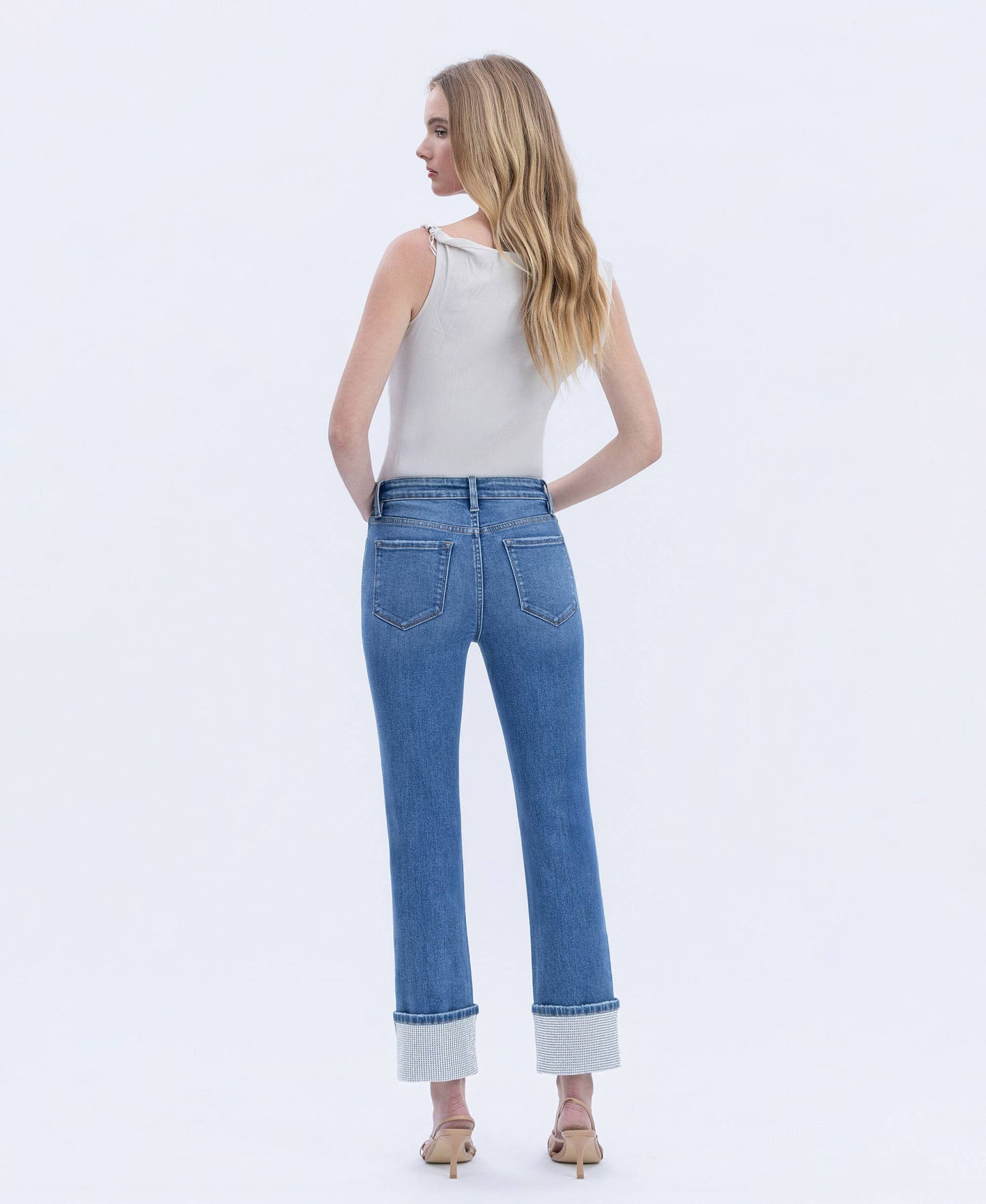 HIGH RISE RHINESTONE CUFFED SLIM STRAIGHT JEANS T7004