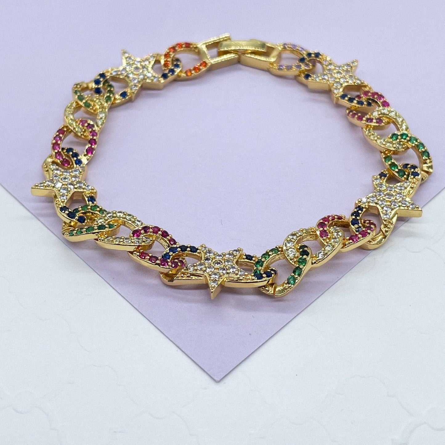 18k Gold Filled Colorful Zirconia Cuban Link Bracelet With Star Pattern