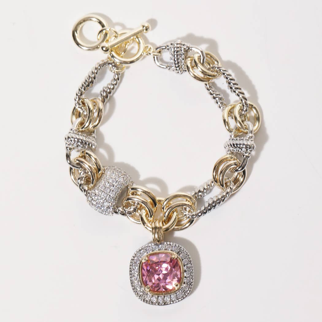 Two Tone Pavé Square Charm Toggle Link Bracelet