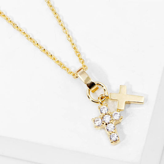 Gold Dipped CZ Stone Paved Double Cross Pendant Necklace