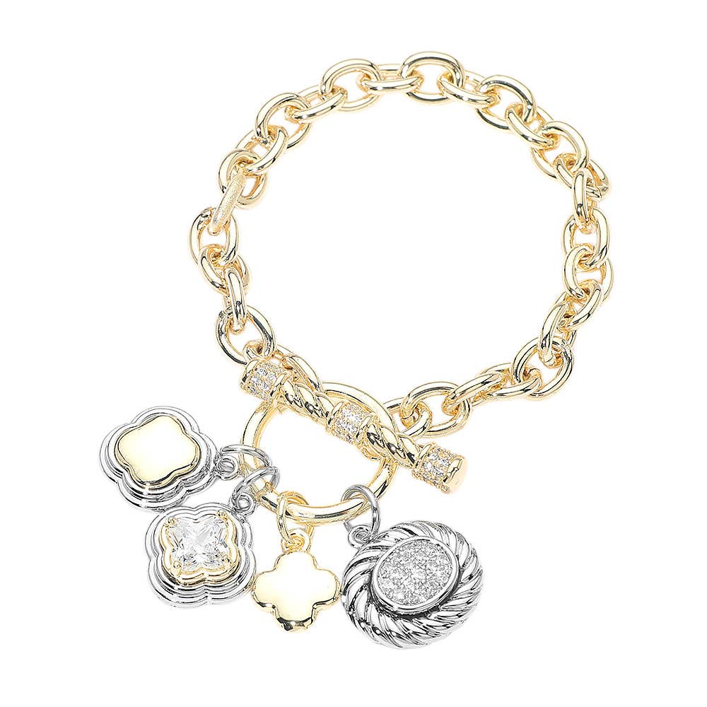14K Gold Plated Two Tone CZ Quatrefoil Oval Multi Charm Toggle Bracelet
