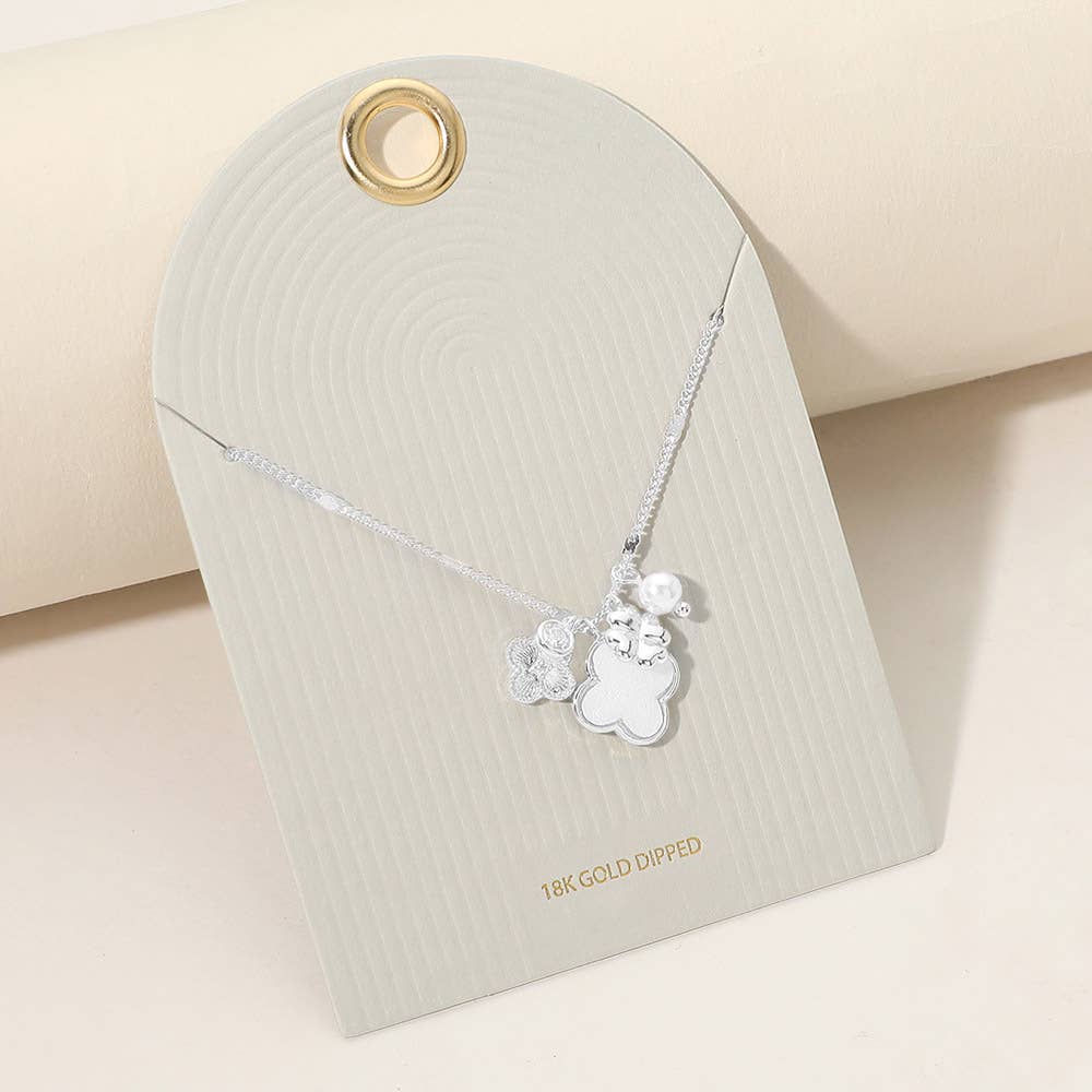 18K Gold Dipped Mother of Pearl Quatrefoil Floral Pearl Charm Necklace