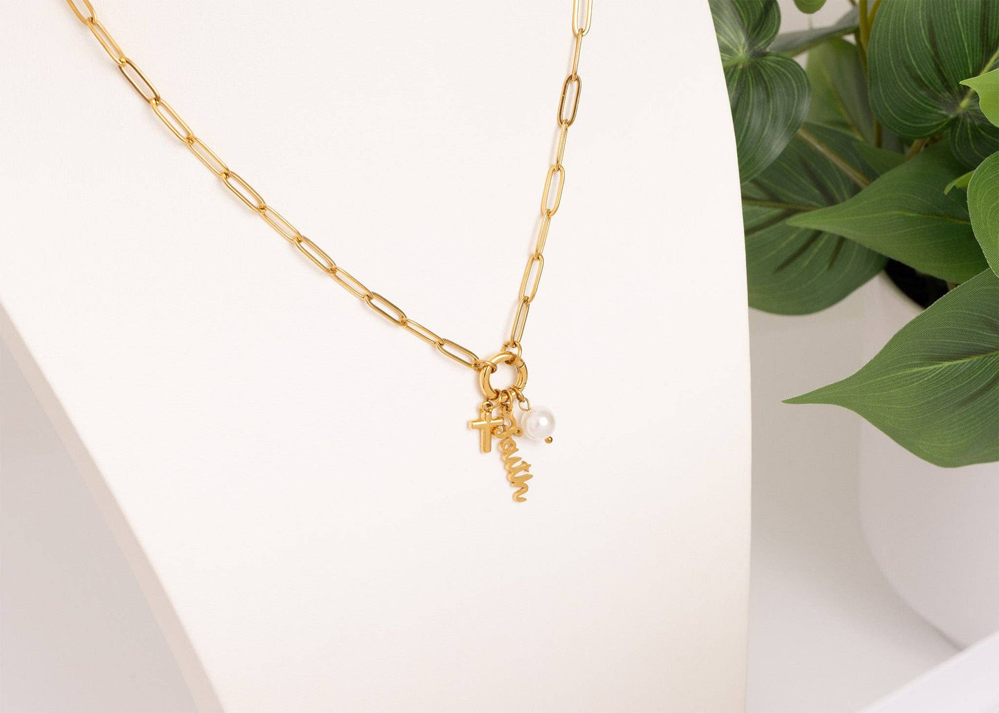 Gold Stainless Steel Faith Charm Holder Necklace Gift Set