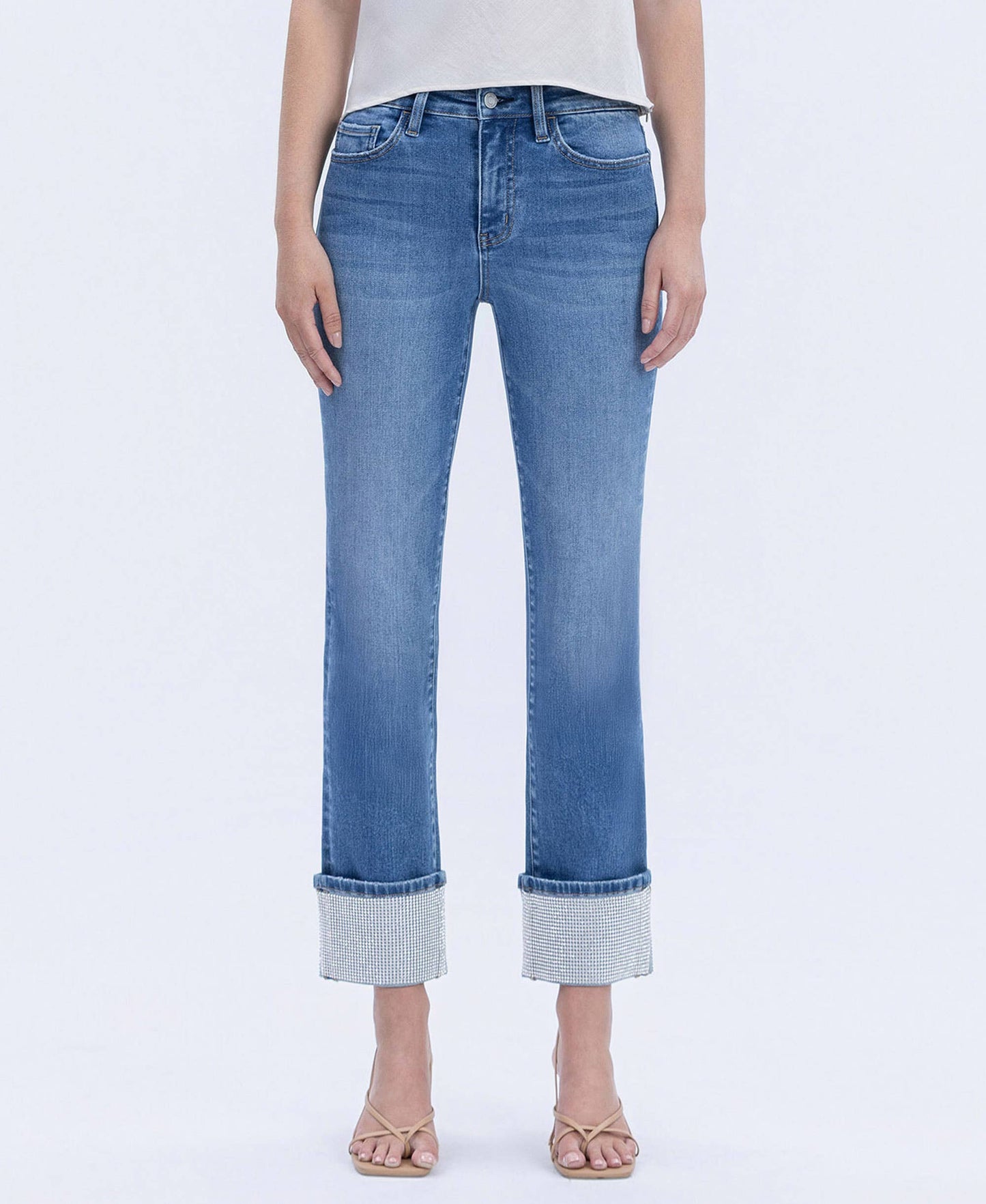 HIGH RISE RHINESTONE CUFFED SLIM STRAIGHT JEANS T7004