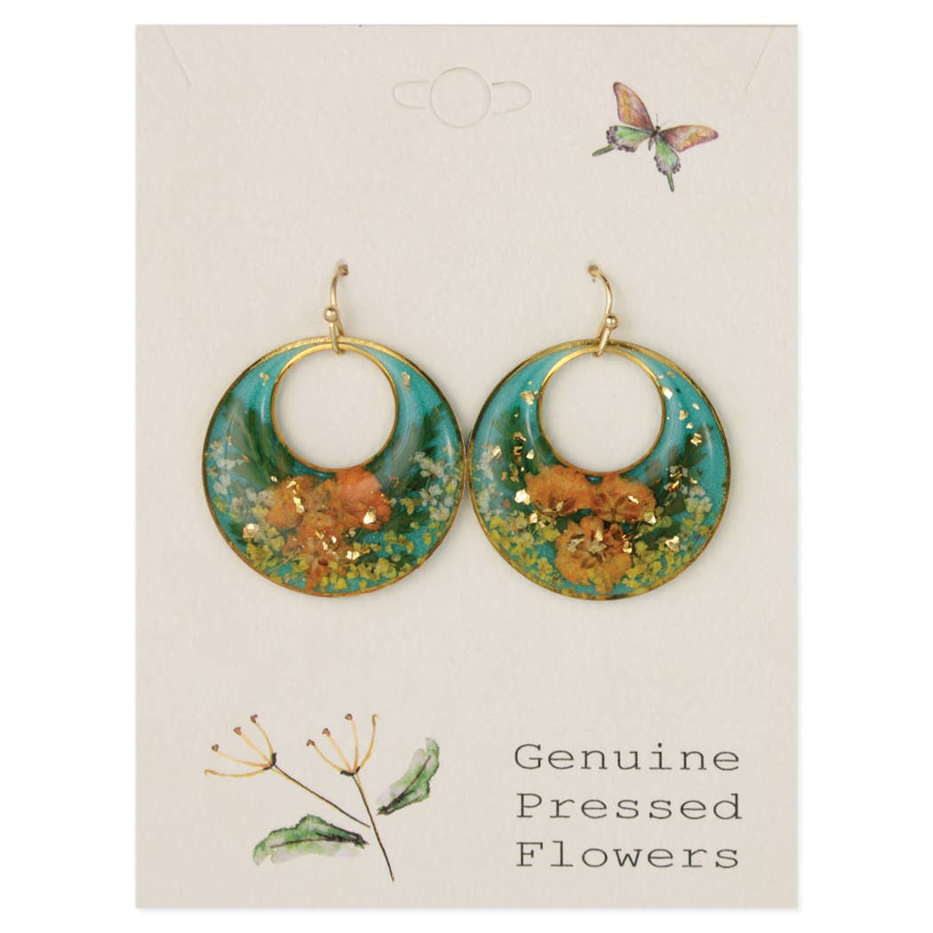 Blue Moods Gold Circle Orange Dried Flower Earrings