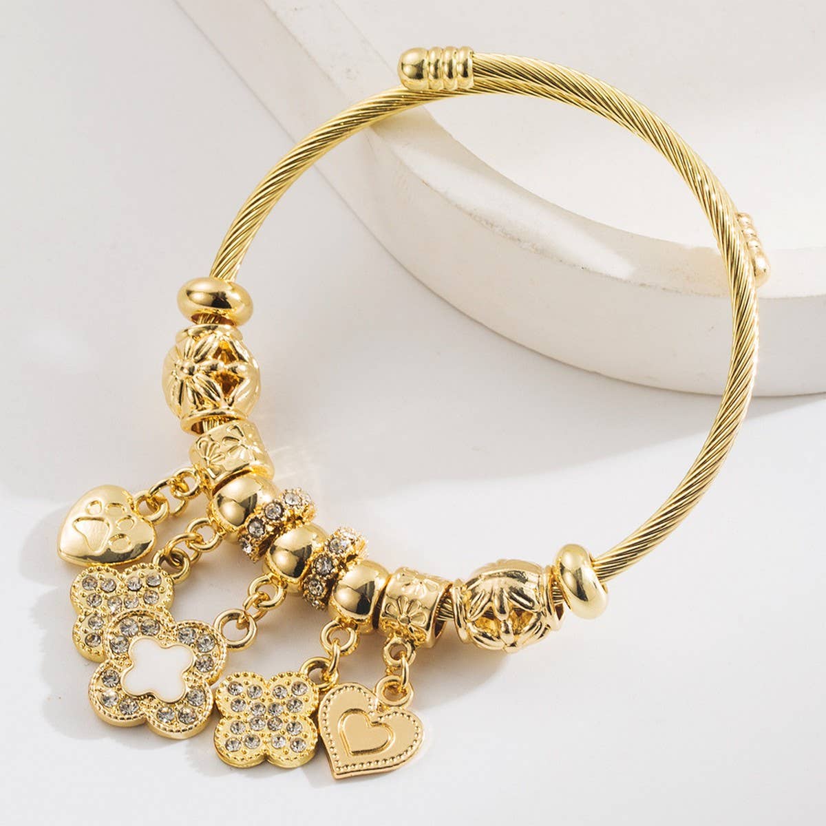 Trendy Gold Clover Heart Charm Bracelet_CWMM8491