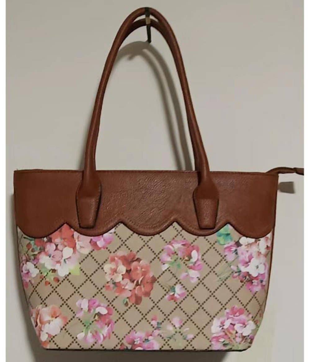 7356 Floral Print Two Color Faux Leather Bag
