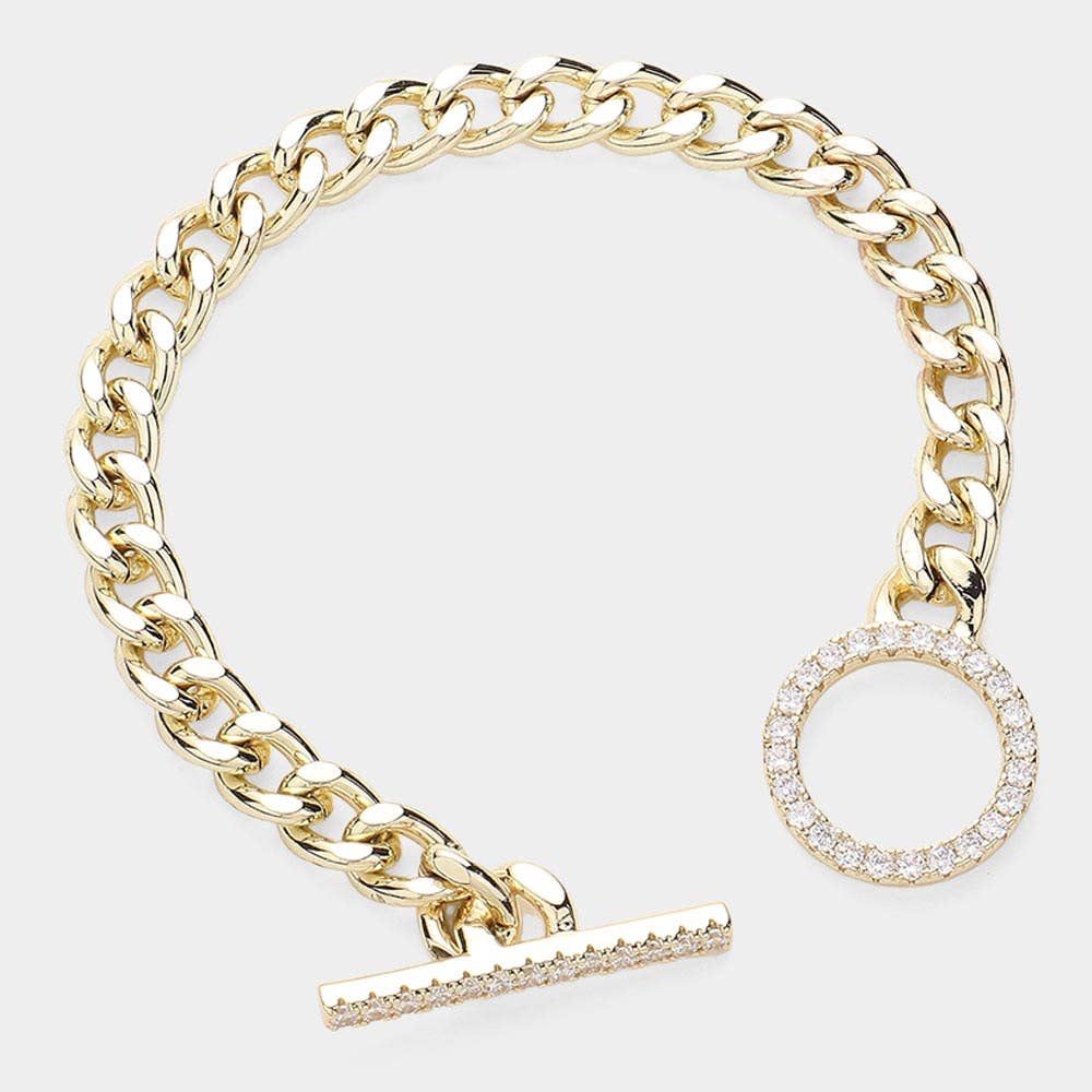 14K Gold Plated Chain CZ Stone Paved Toggle Bracelet