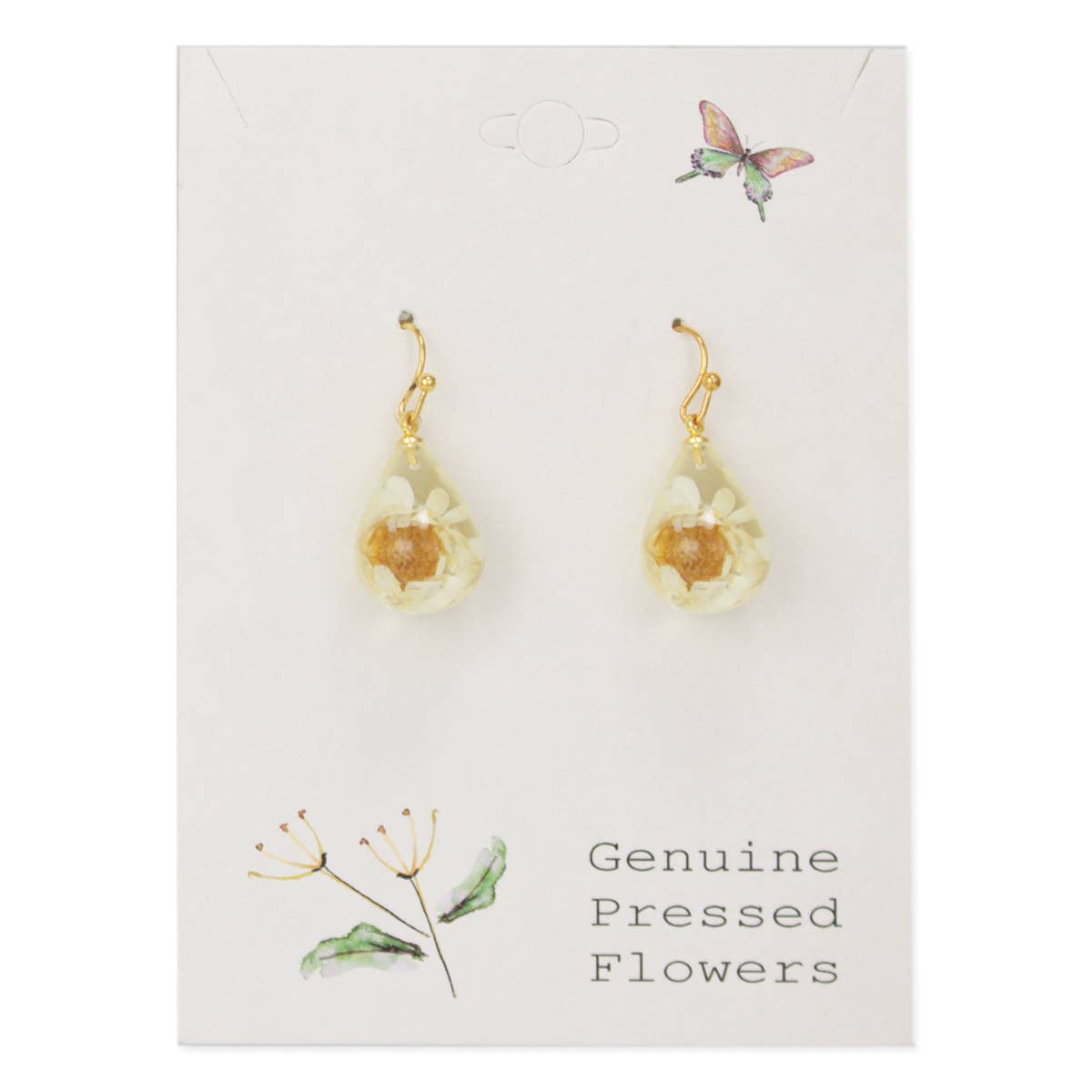 White Dried Flower Clear Teardrop Earrings